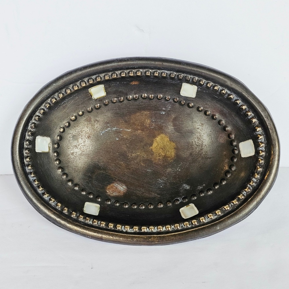 Vintage Metal Oval Trinket Dish Mother of Pearl Inlay Footed Bowl Gothic Decor